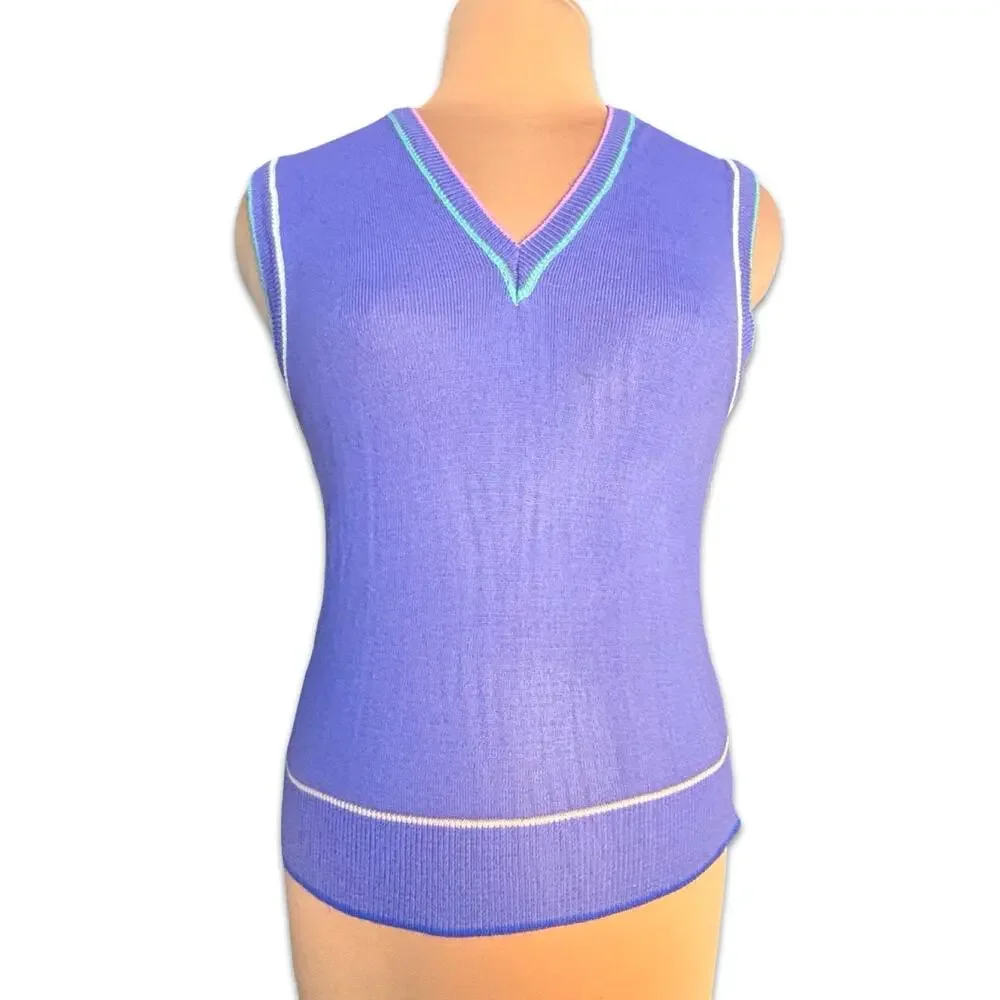 Vintage 90s Purple Sweater Vest V Neck Preppy Tennis Country Club Knit Medium